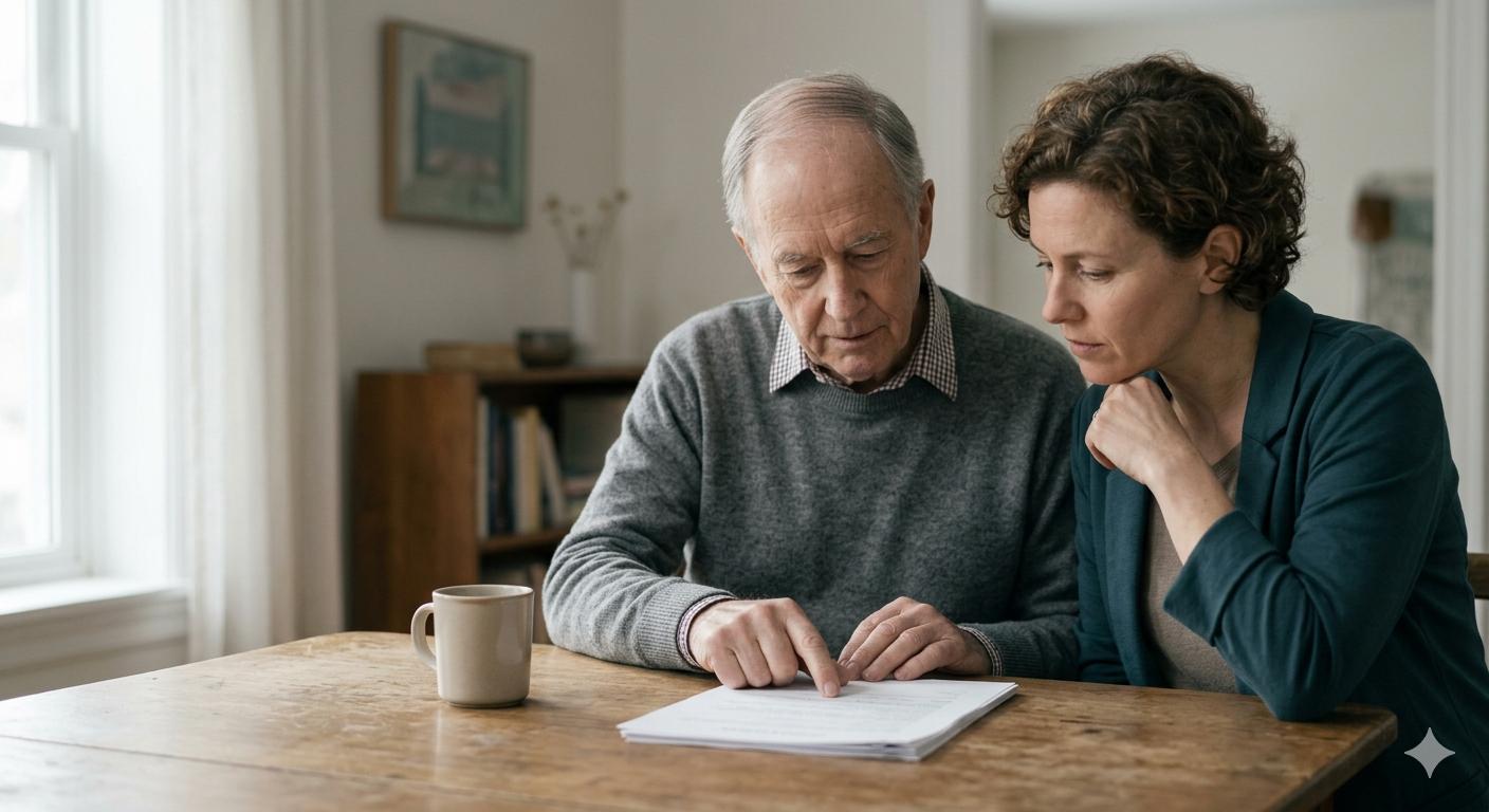 Adult child and parent reviewing documents together